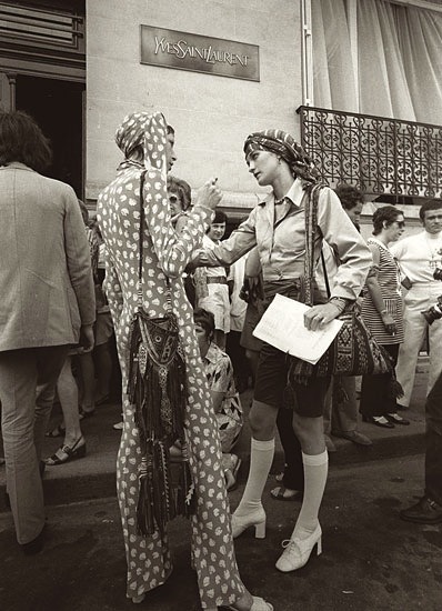 christopherniquet:marina schiano and loulou de la falaise outside the yves saint laurent headquarter