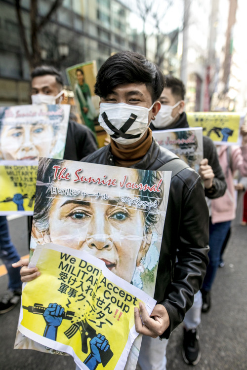 2021.2.14 Myanmar protesters gather in Shibuya, against military coup at home.photo : Shinta Yabe