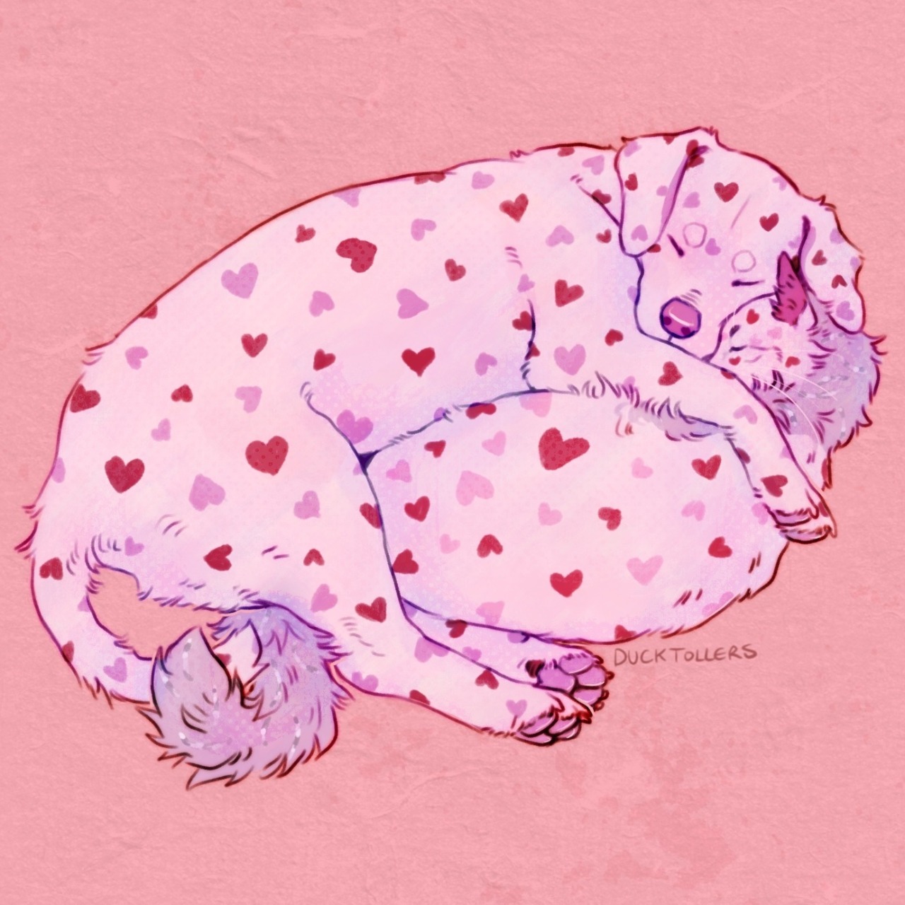 A digital illustration of a dog and a cat cuddling on a pink paper-textured background. The dog and cat are modelled after the Webkinz Love Puppy and Love Kitten respectively. The dog is floppy-eared and white. The cat is white with light pink fur and silver streaks on its chest and tail. Both are covered in red and pink hearts. They’re laying curled around each other with their faces touching and tails intertwined.