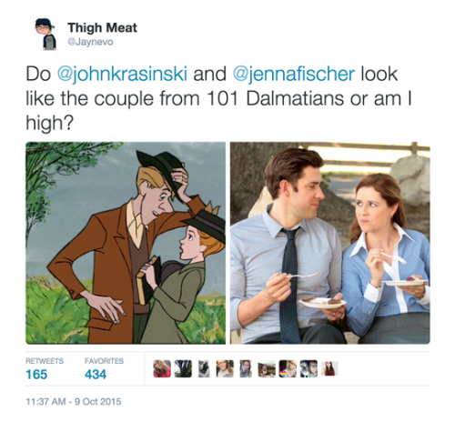 tastefullyoffensive:  Confirmed. (tweets by Jay Nevo / Jenna Fischer) 