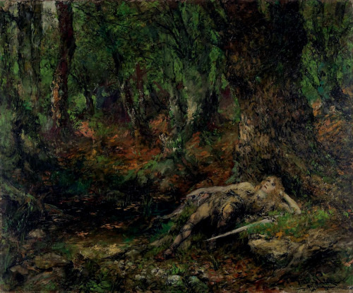 Ferdinand LeekeDer junge Siegfried im Wald an einer Quelle. Öl auf Leinwand. c. 1885