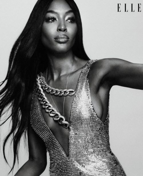 Naomi Campbell photographed by Chris Colls, Elle Magazine July 2019. Styled by Ilona Hamer. Makeup b