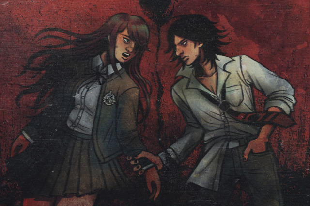 danganronpa fanart. it's a redraw of the cover illustration for dr0, but with a deep red background. matsuda reaches out to grab ryoko's arm, a crack across the image cuts his hand off at the wrist.