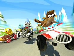 Mordecai is hot on Rigby’s tail. Doesn’t look like Rigby is too worried though. P.S. Check out Jake’s candy kart. Yum! Click here to buy the game: http://bit.ly/1Fy2Ygl  