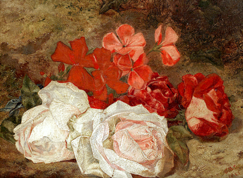 Eloise Harriet Stannard (British, circa 1828-1915) “Still lifes of roses” 1863oil on board.
