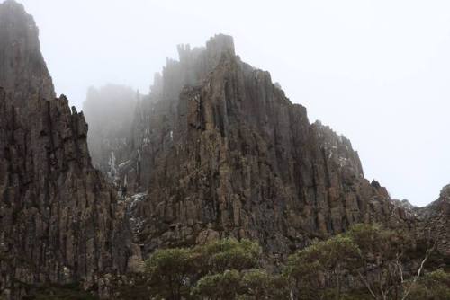 Cradle MountainThis fog-shrouded peak is Cradle Mountain on the island of Tasmania. Although the pea