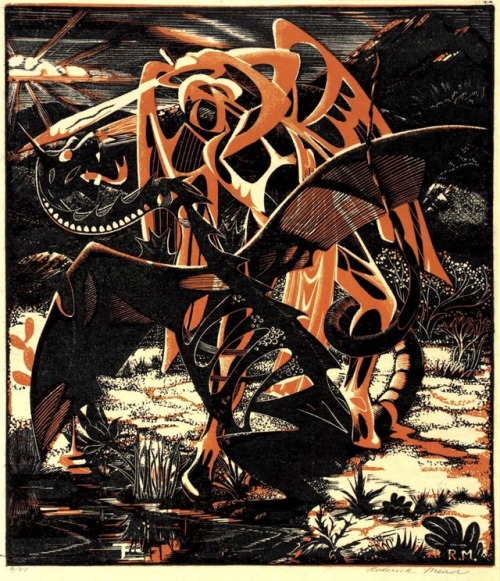 ST. MICHAEL AND THE DRAGON (1939). Color wood engraving by American artist, Roderick Mead.