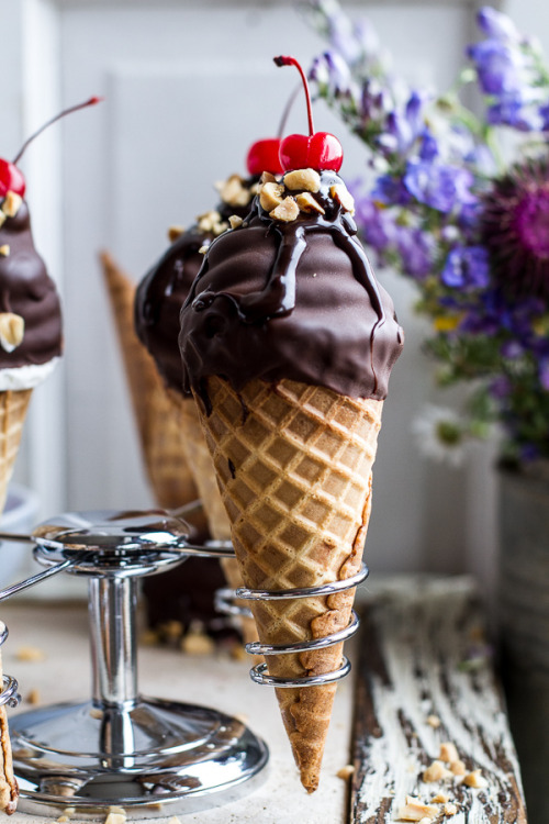sweetoothgirl:  Hot Fudge Brownie and Double Scooped Ice Cream Sundae High Hat Cupcakes in a Cone