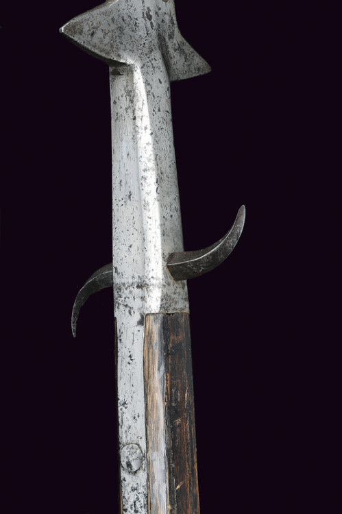 art-of-swords:  Italian Bill Dated: 16th Century Provenance: Bologna Measurements: height 236 cm The polearm has an iron head with long, straight cusp of square section and a double-edged hook. At the back it features a large tooth with pointed wings,