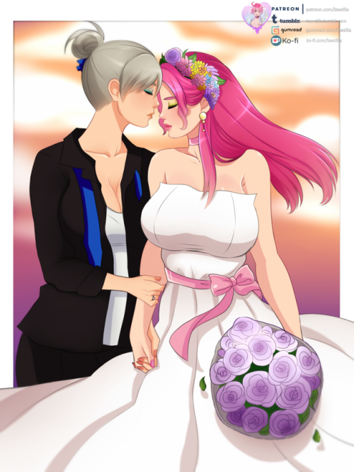  Finished commision of Alexandra (SexyHair’s OC) and Alysa (GrandpaWarrior’s OC) wedding. ＼（＾○＾）人（＾○＾）／ I love drawing brides ~ <33All versions up on my Patreon!Versions included:- Hi-Res   no watermark- Nude-