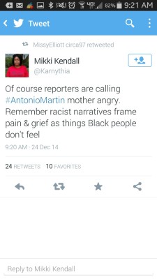 bootykitchen:  trini-idealist:  bootykitchen:  Smh  But wouldn’t you be angry if your son was murdered? Why is anger an unacceptable emotional response to grief only when it’s shown by a black parent?  Exactly 