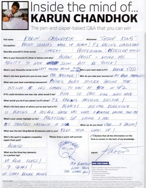 mindthegraveltrap:  thepagemistress:  Inside the Mind of: Karun Chandhok (F1 Racing Issue 182, 2011)