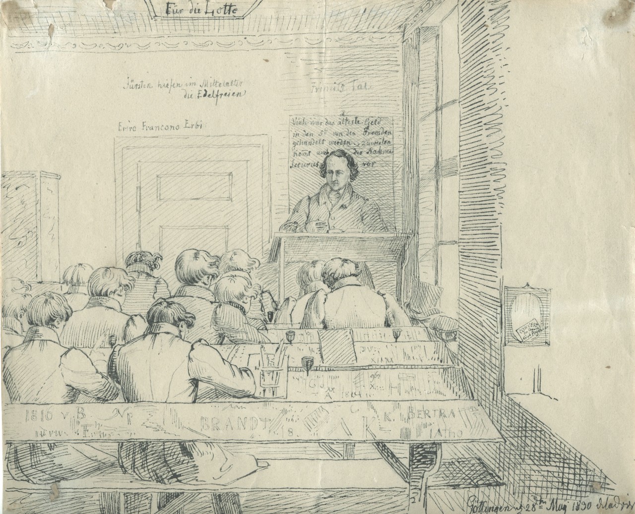 Ludwig Emil Grimm, drawing his elder brother Jacob Grimm teaching at George-August-Universität Göttingen, May 28, 1830. Grimm and his brother Wilhelm would be expelled in 1834 for protesting King Ernest Augustus I’s revocation of Hanover’s liberal...