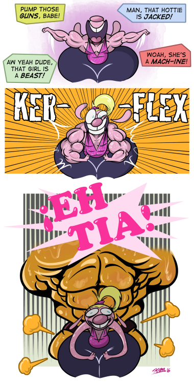 kmorrisoncartoons:  At long last, the new Kayla Komix page has landed online!  As you can see Kayla’s been keeping busy at the gym in the meantime, but both his bubble and ego seem to have been burst with the official introduction of Felipa in the