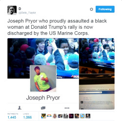4mysquad:    Joseph Pryor who proudly assaulted a black woman is now discharged by the US Marine Corps.    