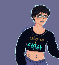 zephyrine-gale:  silver-lined-dreams:  Soooo… I jumped onto the crop top yuuri trend zephyrine-gale started and drew a nervous looking katsudon, with piercings and a random sagittarius tattoo XD  &lt;3