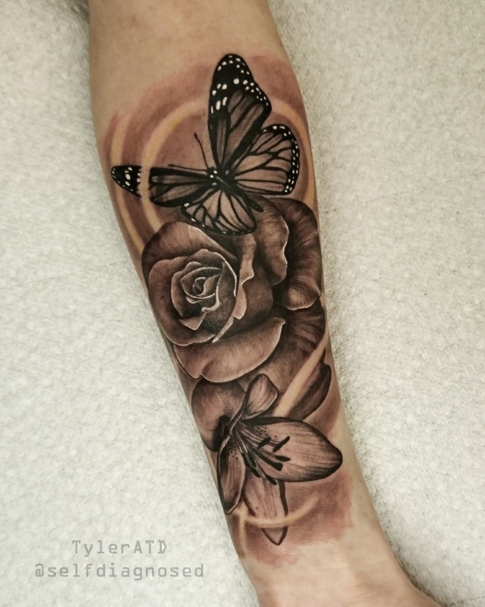 rose and butterfly tattoo by 91Elena91 on deviantART  Butterfly tattoos  for women Rose and butterfly tattoo Rose tattoos for men