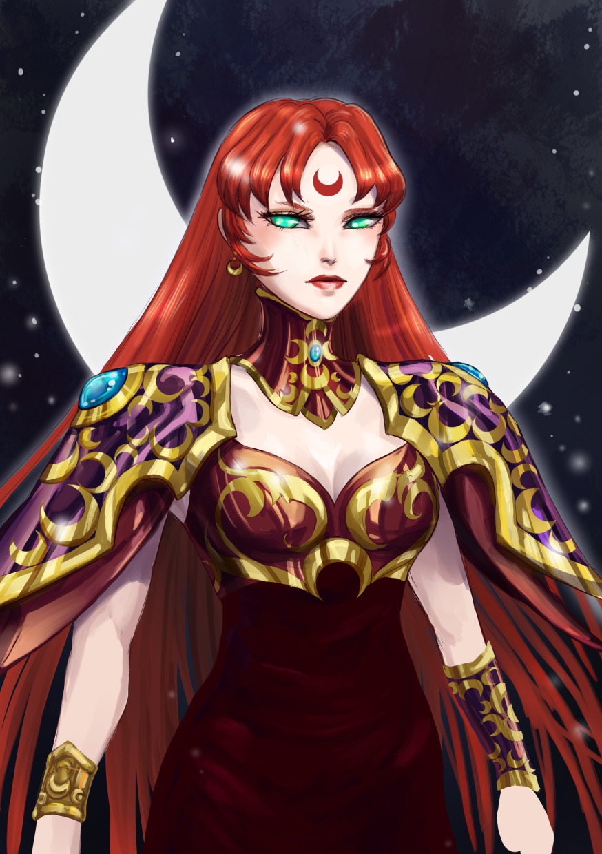 Half-body portrait of goddess Artemis from the game Saint Seiya Awakening, in her alternate color scheme: her hair is long and red, and her armor is dark red with golden accents. Her eyes are bright green without pupils. Her expression is stern. The background is a dark night sky with a large bright crescent moon.