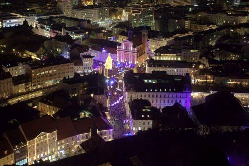 veroboquetes:Christmas lights in Ljubljana as seen from the castle