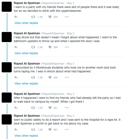 micdotcom:  “Raped at Spelman” calls out college’s victim blaming A Twitter user with the handle “Raped at Spelman” accused the prestigious women’s college, which has been ranked the number one historically black college in the nation, of