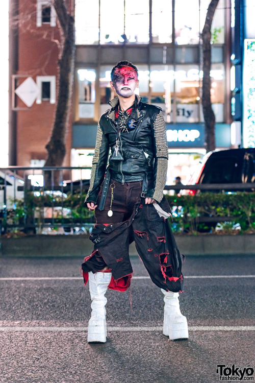 Japanese fashion designer TKM Freedom on the street in Harajuku wearing a Zac Vargas studded leather