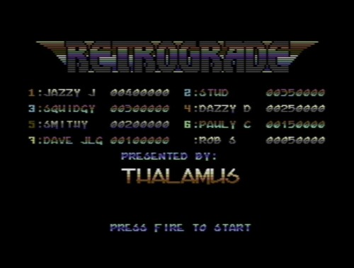 eddbell:  saturday 15.03.2014… retrograde / thalamus (1989)… take a bit of defender, a bit of h.e.r.o., a bot of gradius and a bit of forgotten worlds…. mix them together and this is what you get… coded by apex computer productions… scored