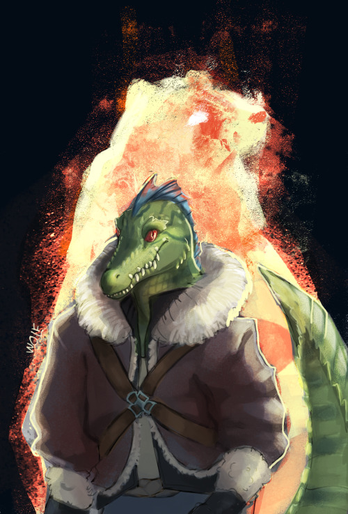 an older piece! this is my lizardfolk wildfire druid, newt! despite her name, she is definitely NOT 