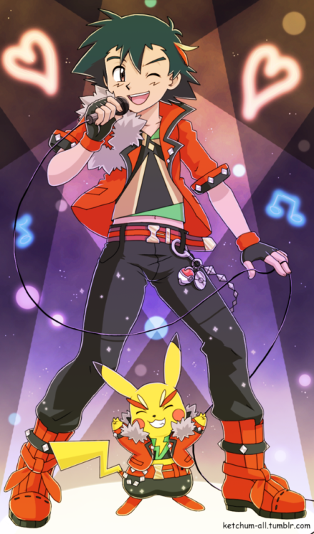 ketchum-all-blog1:A drawing I did. I love the male contest outfit from the ORAS game, so I figured Ash could pull off that 80′s rock star look, too.