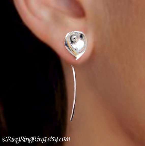 zearrings:  E098 Long stem Calla Lily flower earrings, Sterling Silver stud earrings,