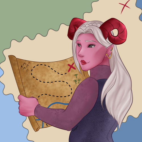 A pink tiefling named Rhiannon with grey eyes, red horns, and long light hair. Her back is mostly to the viewer as she looks over a shoulder. In her hands is an unrolled treasure map. The background includes abstract patterns/colors that also resemble a map, and there's a red X in the corner.