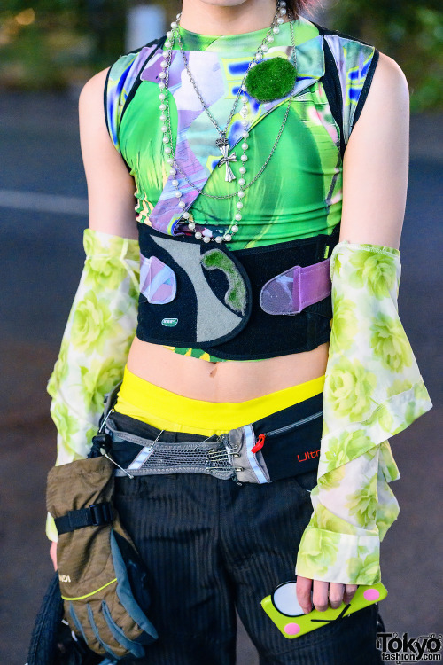 14-year-old Japanese street style personality Raiki on the street in Harajuku wearing a harness by S