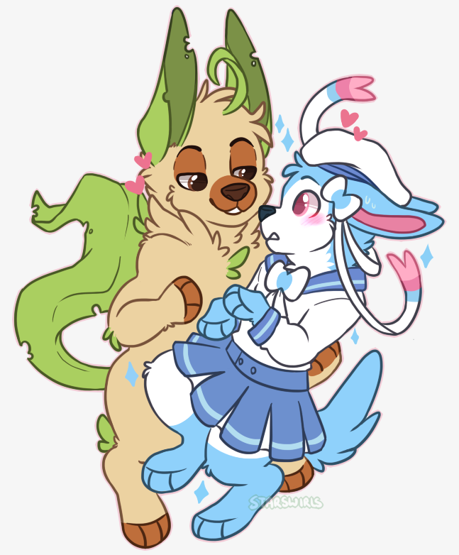 Cleaned up a semi old doodle I did of my eeveelution sona and @naoren sylveon character! I’m still gonna marry them ( ✧ H✧)╯