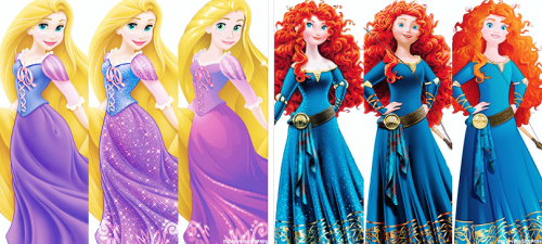 pochiconda:  mickeyandcompany:  Disney Princesses: original designs → 2012 redesigns → 2014 design (click to zoom; Merida was included in the line during the 2012 redesigns but she also got another design to match her movie looks)  Original are the
