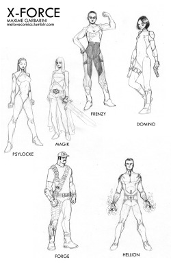 melovecomics:  X-FORCE[work in progress]here is my version of a “new” x-force teama mix of veteran (psylocke, forge, domino) and some of my favorite “wildcards” (magik, hellion and frenzy)I’ve been watching a lot of those Mission Impossible