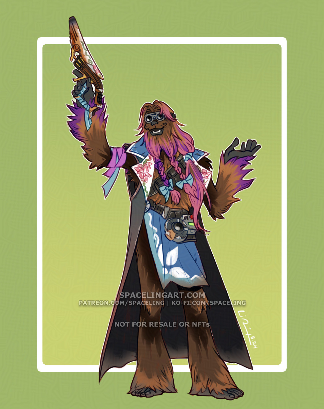 A digital drawing of a wookiee looking excited, with pink and purple died hair and fur, and holding up a blaster with flower decals on it. His long coat also sports flower embroidery on the lapels, and his kilt has abstract flower decals as well.