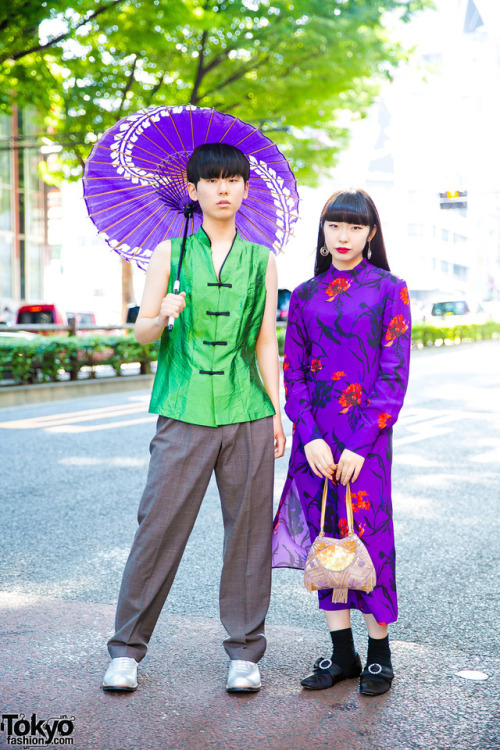 Hajime and K_263 on the street in Harajuku wearing a purple floral dress from Zara and a matching pu