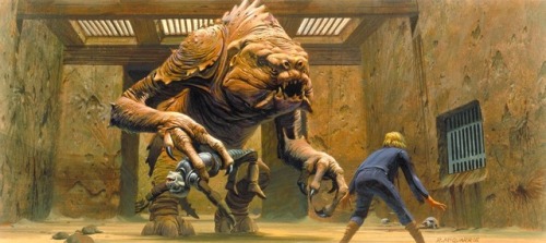 Ralph McQuarrie’s art and sketches for Luke’s confrontation with the Rancor. Return of the Jedi (198