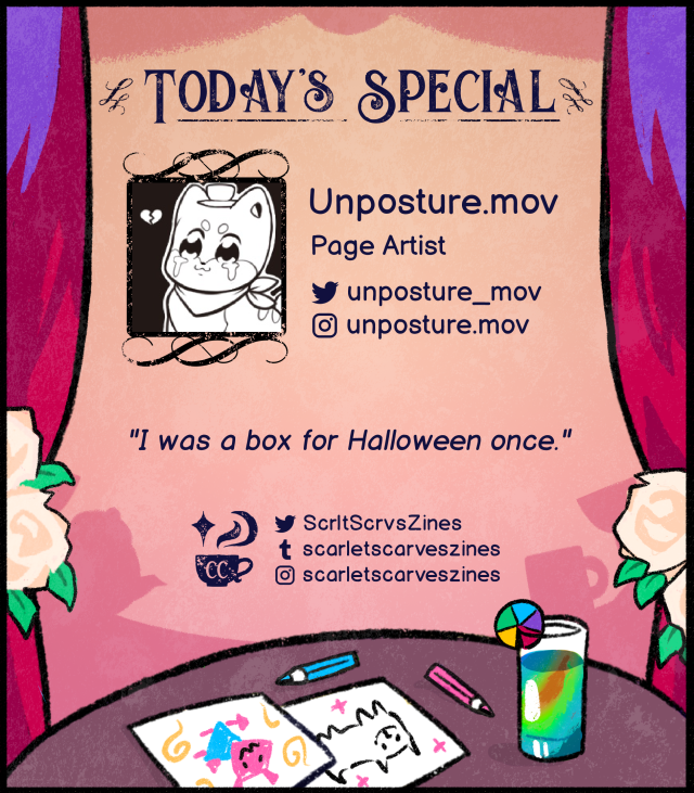 This is a contributor spotlight for Unposture.mov, another one of our page artists! Their favorite Deltarune quote is: "I was a box for Halloween once."