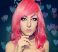 porcelain-panic:  Pink Cat, Punk Cat 😾 Made the collar and ears from an old studded belt! Pink Cat Eyes from CamoEyes.com 😻