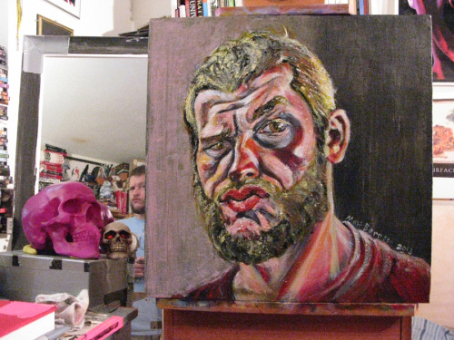 Here’s the latest progress on my self-portrait.    Acrylic on canvas  20"x20"  Matt Bernson 2013 Doing a self-portrait with an odd expression is more difficult, but more fun and interesting, than doing an expressionless mugshot.  