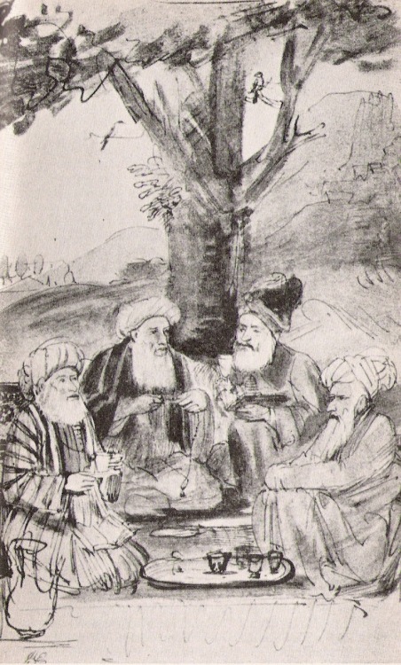 Rembrandt Harmensz. van Rijn
Four Seated Orientals Beneath a Tree
Netherlands (1654-56)
Pen and brown ink with brown and grey wash, touched with white, on Japanese paper.
British Museum, London
[mzteeeyed posted this picture as a photoset, but I...