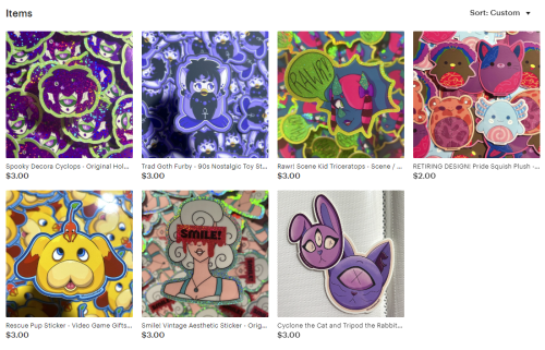 A screenshot of an Etsy shop featuring miscellaneous sticker designs