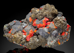 vugnasmineralblog:   Sphalerite with  Galena, Quartz, and Realgar  Palomo  Mine, Castrovirreyna Province, Huancavelica Department, Peru  