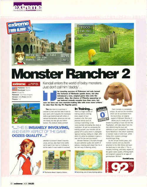 oldgamemags: Extreme PlayStation #28, April 2000 - The review of ‘Monster Rancher 2′.