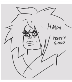 zugilite: people requested for their “jasper songs” to be played on ambers livestream yesterday, so she drew jasper admitting to not hating a song being played for her~~