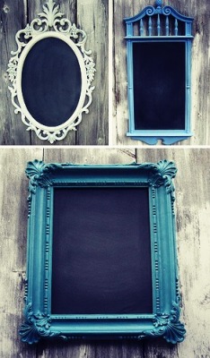 twoprettypennies:  Chalkboard Frames!  Head over to a local thrift store or “Habitat for Humanity” if you have one and grab some old photo frames.  Paint the wood or plastic with desired paint color Paint glass with chalkboard paint 