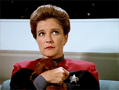 winniefoster:Captain Janeway + Dog[start id: six gifs of Kathryn Janeway and a dog. The dog is a sma