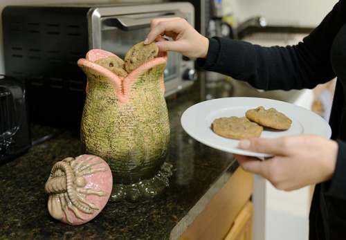 zantonioz:  brokehorrorfan: Last year, an Alien Xenomorph cookie jar was released. Now an Alien Egg cookie jar has hit the market, complete with a Facehugger lid to keep your snacks fresh. The ceramic product measures 9x5.5.  