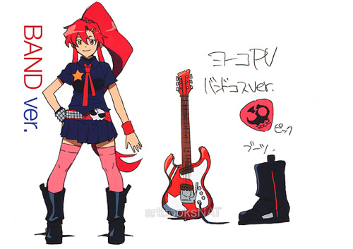 grimphantom:  artbooksnat:  Yoko had seven wardrobe changes (not including her original costume) in the 5-minute Tengen Toppa Gurren Lagann (天元突破グレンラガン) S.t.a.r.S. music video. Character designer Atsushi Nishigori (錦織敦史) created