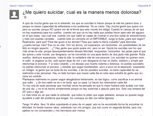 misantropa-busca-misantropo:  14 años y ya siente todo eso… wow….  Este mundo está fregado. Escribe bien el chamaco… y hasta me sentí identificada… ojalá no se haya matado… escribe muy bien.
